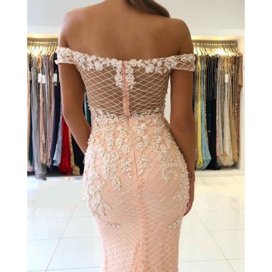 Off-the-shoulder Pink Lace Appliques Mermaid Evening Dress