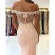 Off-the-shoulder Pink Lace Appliques Mermaid Evening Dress