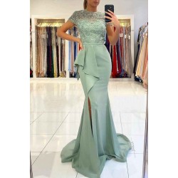 Blue High neck Lace column Long Buttons Split Short sleeves Evening Dress