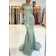 Blue High neck Lace column Long Buttons Split Short sleeves Evening Dress