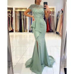 Blue High neck Lace column Long Buttons Split Short sleeves Evening Dress