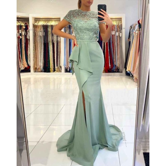 Blue High neck Lace column Long Buttons Split Short sleeves Evening Dress