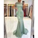 Blue High neck Lace column Long Buttons Split Short sleeves Evening Dress