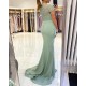 Blue High neck Lace column Long Buttons Split Short sleeves Evening Dress