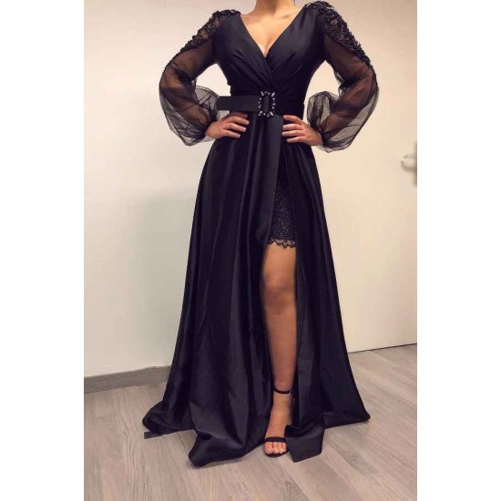 Long Sleevess Black V-neck High Split Bishop sleeves Evening Dresses