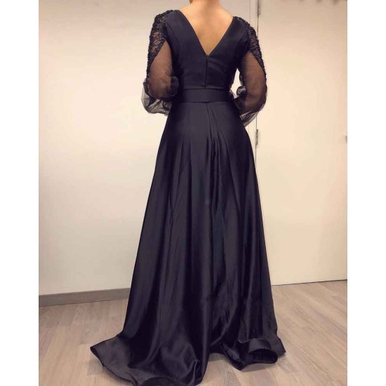 Long Sleevess Black V-neck High Split Bishop sleeves Evening Dresses