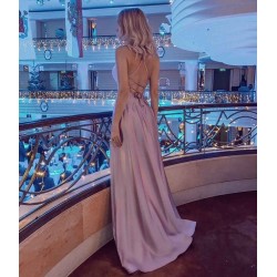 Simple Halter Backless Dusty Pink High split Long evening Dresses
