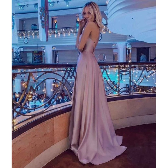 Simple Halter Backless Dusty Pink High split Long evening Dresses