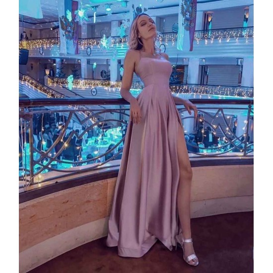 Simple Halter Backless Dusty Pink High split Long evening Dresses