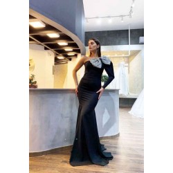 Elegant One-shoulder Black Sequined Bow Evening Dresses