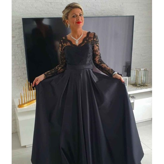 Elegant Long Sleevess Black V-neck Satin Lace Evening Dresses