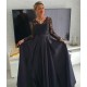 Elegant Long Sleevess Black V-neck Satin Lace Evening Dresses