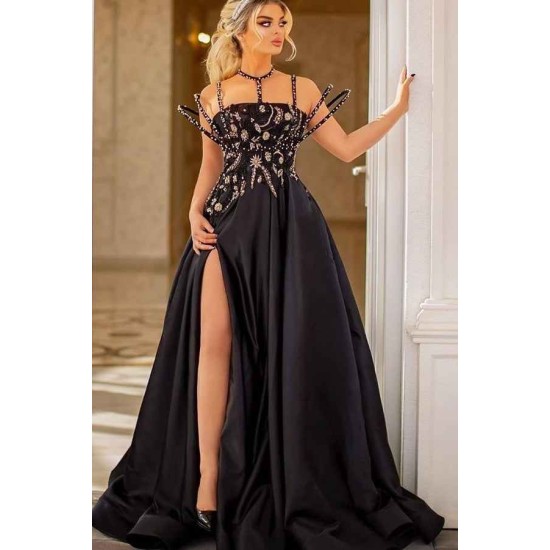 Beaded Moon and Night Black Sparkle Sequin High Split Evening Dress