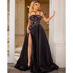 Beaded Moon and Night Black Sparkle Sequin High Split Evening Dress