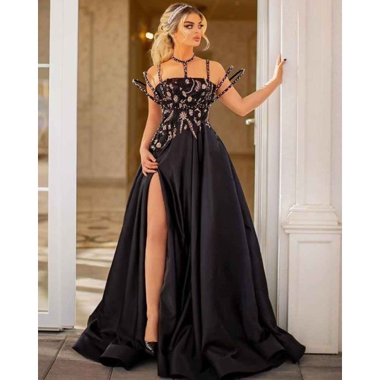 Beaded Moon and Night Black Sparkle Sequin High Split Evening Dress
