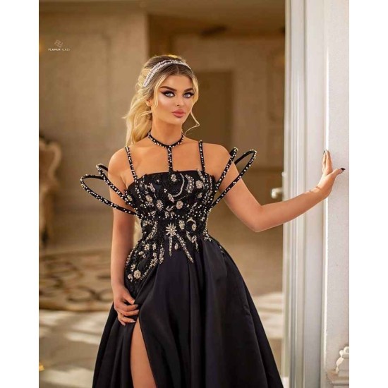 Beaded Moon and Night Black Sparkle Sequin High Split Evening Dress