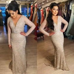 Illusion neck Sparkle V-neck Sequined Floor-length Evening Dress