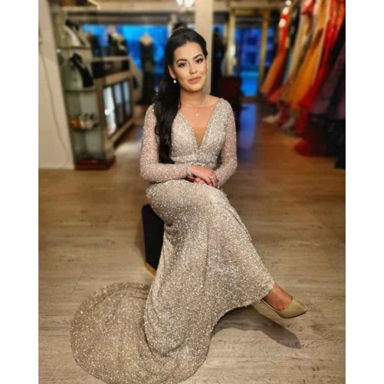 Illusion neck Sparkle V-neck Sequined Floor-length Evening Dress