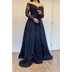 Long Sleevess Black A-line off-the-shoulder Evening Dresses