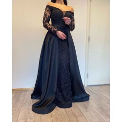 Long Sleevess Black A-line off-the-shoulder Evening Dresses