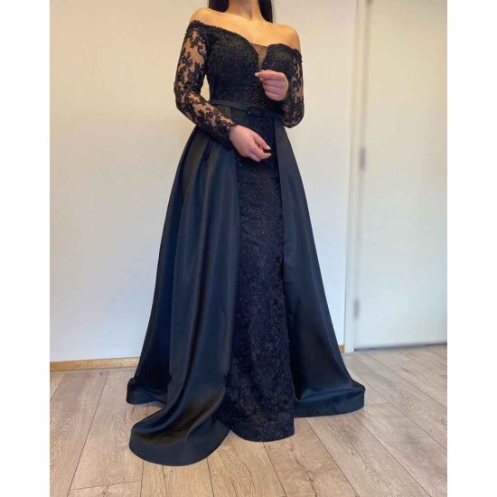 Long Sleevess Black A-line off-the-shoulder Evening Dresses
