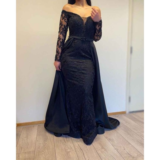 Long Sleevess Black A-line off-the-shoulder Evening Dresses