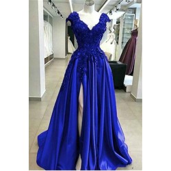 Royal Blue Cap sleeves V-neck High split A-line Evening Dresses