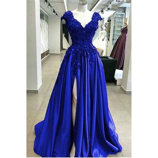 Royal Blue Cap sleeves V-neck High split A-line Evening Dresses