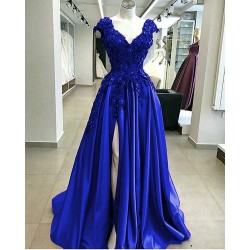 Royal Blue Cap sleeves V-neck High split A-line Evening Dresses