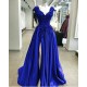 Royal Blue Cap sleeves V-neck High split A-line Evening Dresses