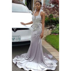 Halter Sparkle Crystal Sliver Prom Dresses Fit and Flare Alluring Backless Evening Gowns