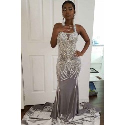 Halter Sparkle Crystal Sliver Prom Dresses Fit and Flare Alluring Backless Evening Gowns