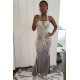Halter Sparkle Crystal Sliver Prom Dresses Fit and Flare Alluring Backless Evening Gowns