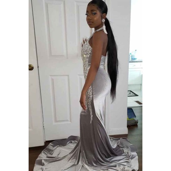 Halter Sparkle Crystal Sliver Prom Dresses Fit and Flare Alluring Backless Evening Gowns