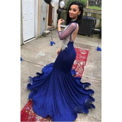 Gorgeous High Neck Sparkle Appliques Prom Dresses Sheer Tulle Backless Fit and Flare Evening Gowns