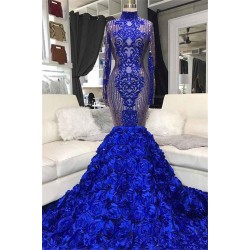 Sparkle Sequins Blue Flowers Fit and Flare Prom Dresses Appliques High Neck Long Sleeves Evening Gowns