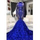 Sparkle Sequins Blue Flowers Fit and Flare Prom Dresses Appliques High Neck Long Sleeves Evening Gowns