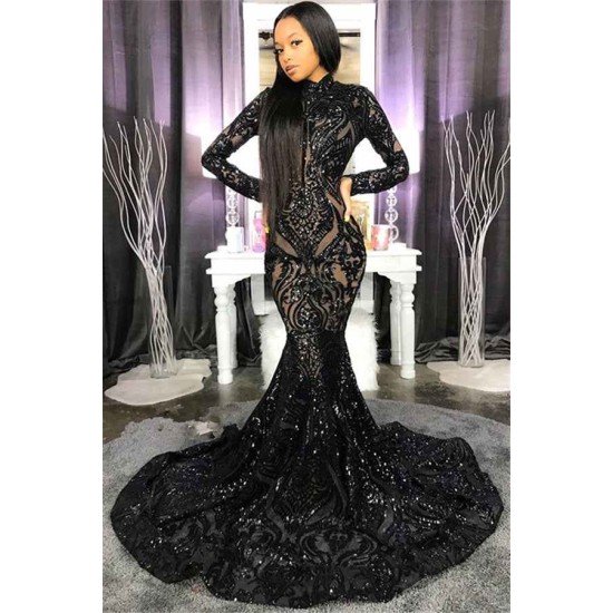 Chic High Neck Sparkle Appliques Prom Dresses Fit and Flare Long Sleeves Evening Gowns