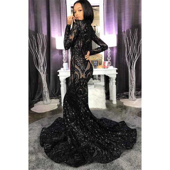 Chic High Neck Sparkle Appliques Prom Dresses Fit and Flare Long Sleeves Evening Gowns