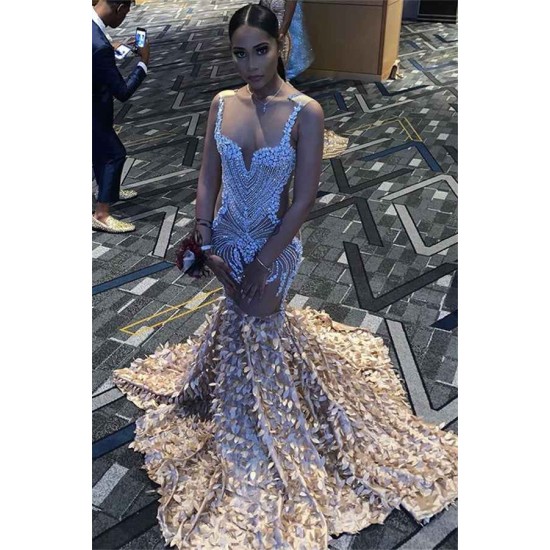 Sparkling Crystal Appliques Straps Prom Dresses Open Back Fit and Flare Evening Gowns