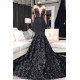Unique Lace Appliques Flowers High Neck Prom Dresses Sheer Tulle Fit and Flare Evening Gowns
