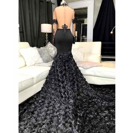 Unique Lace Appliques Flowers High Neck Prom Dresses Sheer Tulle Fit and Flare Evening Gowns