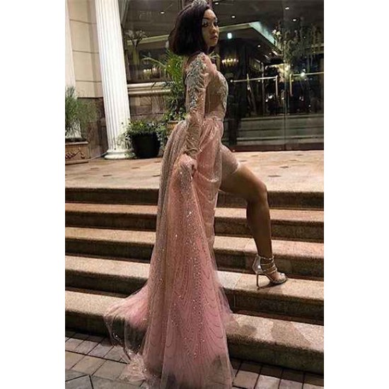 Women's High Collar Chic Long Sleeves Sequins Maxi Evening Party Dress