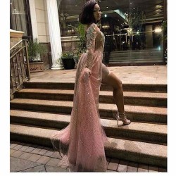 Women's High Collar Chic Long Sleeves Sequins Maxi Evening Party Dress