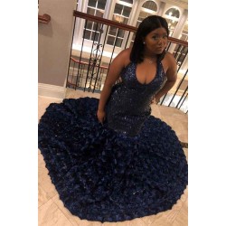 Halter Sequins Pattern Floral Sweep Train Mermaid Evening Prom Party Gowns
