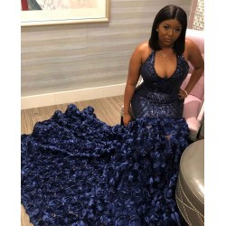 Halter Sequins Pattern Floral Sweep Train Mermaid Evening Prom Party Gowns