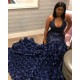 Halter Sequins Pattern Floral Sweep Train Mermaid Evening Prom Party Gowns
