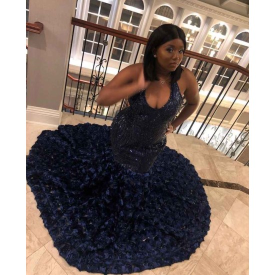 Halter Sequins Pattern Floral Sweep Train Mermaid Evening Prom Party Gowns