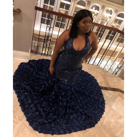 Halter Sequins Pattern Floral Sweep Train Mermaid Evening Prom Party Gowns