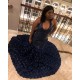 Halter Sequins Pattern Floral Sweep Train Mermaid Evening Prom Party Gowns